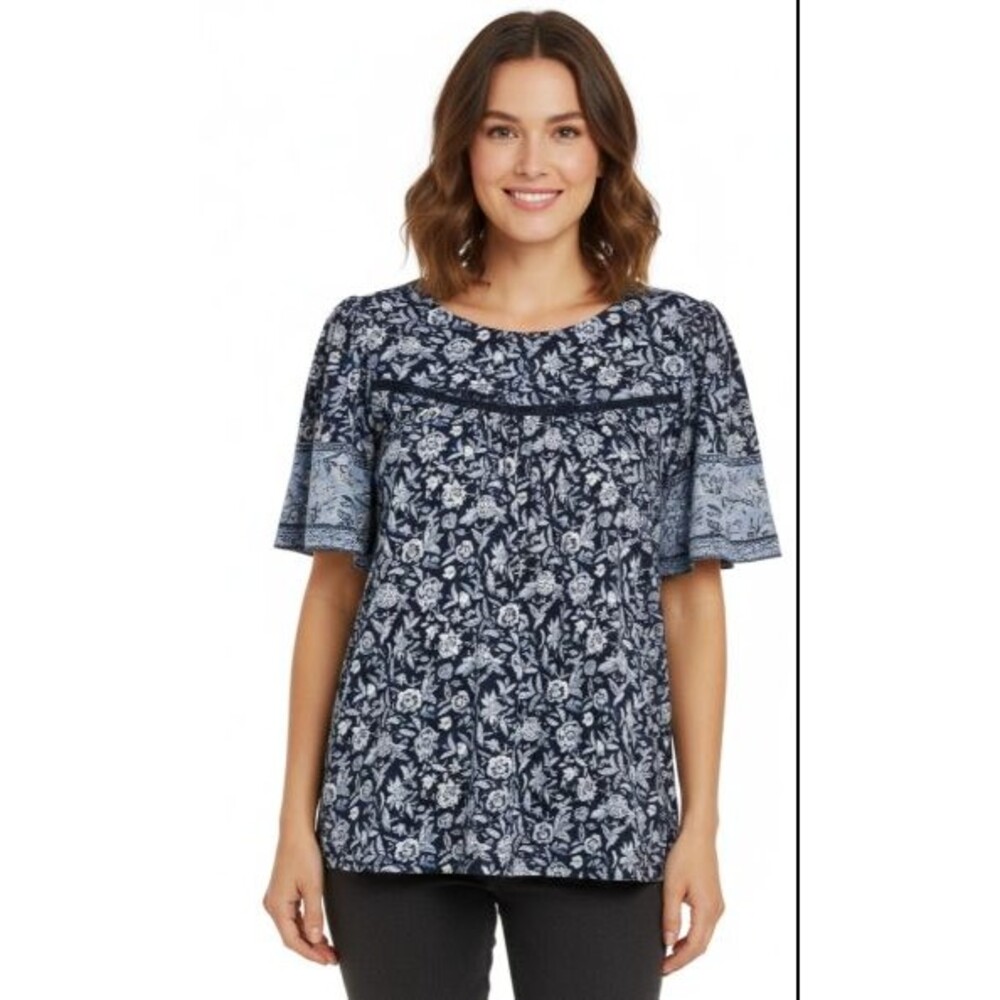 Lucky Brand Top Blouse Large Blue Boho Floral Flutter Sleeve Peasant Light Weigh